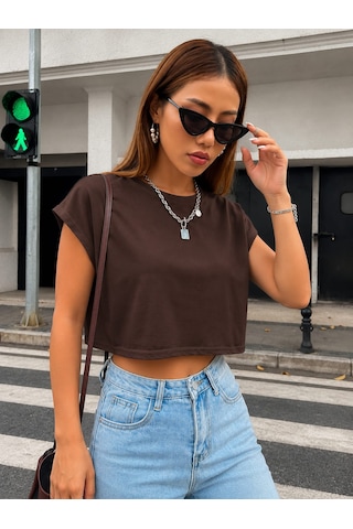Bonnywıll Bonnywılll Bisiklet Yaka Düşük Kol Crop T-shırt Kahverengi