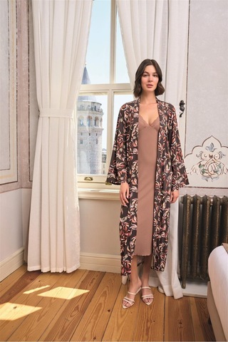Modenya Herşeytrend Yaprak Desenli Yırtmaçlı Dantelli Ve Dekolteli Sabahlık Takımı SOMON