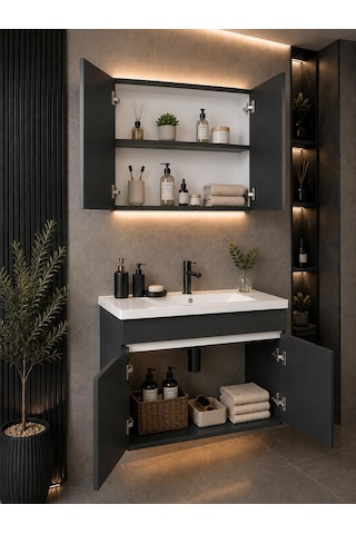 Modern Linea 80 Cm Antrasit Renkli Mdf Seramik Lavabolu Alt Ve Üst Dolaplı Üst Aynalı Banyo Dolabı