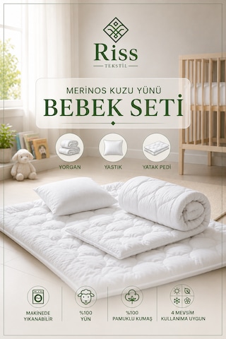 Riss Tekstil %100 Yün Dolgulu Bebek Uyku Seti Yün Yorgan + Yün Yatak Pedi + Yün Yastık