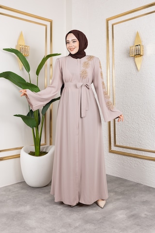 Nevayla Moda Sol Tarafı İnci Detaylı Ferace - Bej / F0140 Bej