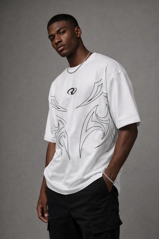 Yolo Street Oversize Siyah Beyaz Erkek Tişört Beyaz Tribal Baskılı %100 Pamuk Modern Streetwear Beyaz