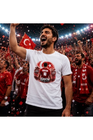 Bk Gift Kişiye Özel Türkiye Taraftar Temalı 2026 Dünya Kupası Tasarımlı Tişört-1, Tek Yürek Milli Takım Ruhu Beyaz