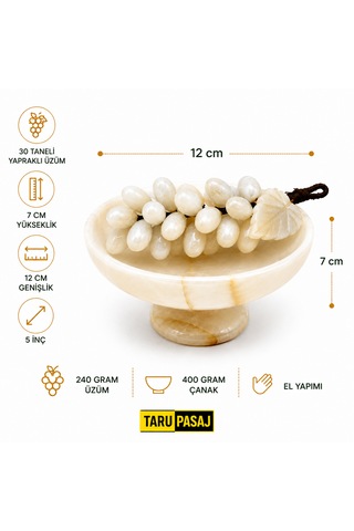 Feng Shui Bereket Üzümü Ve Van Taşı Ayaklı Çanak Seti 30 Taneli Doğal Taş Üzüm Salkımı Dekor 5 İnç El Yapımı Çanak Beyaz
