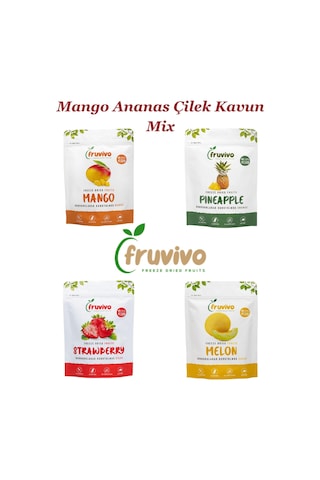Fruvivo 4'lü Freeze Dry Paket - Mango + Ananas + Çilek + Kavun - Dondurularak Kurutulmuş Meyve Cipsi Şeker İlavesiz %100 Doğal Vegan 70 G