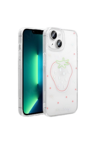 Techaks Apple Uyumlu iPhone 14 Kılıf Şeffaf Figürlü Zore Folk Sert Kapak - Çilek Beyaz