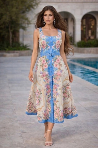 Asprinfashion Kadın Maxi Elbise Çiçek Desenli Keten Görünümlü Askılı Kemerli Yazlık Günlük Elbise Mavi
