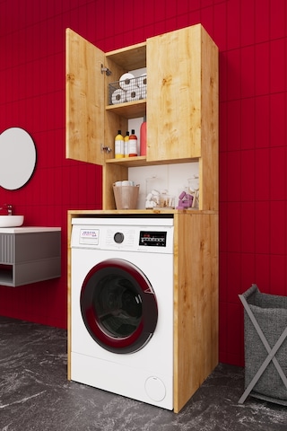 Asra Trend Çamaşır Makinesi Üstü Banyo Dolabı BD-01 %100 MDF İki Kapaklı Organizer Raf Safir Meşe