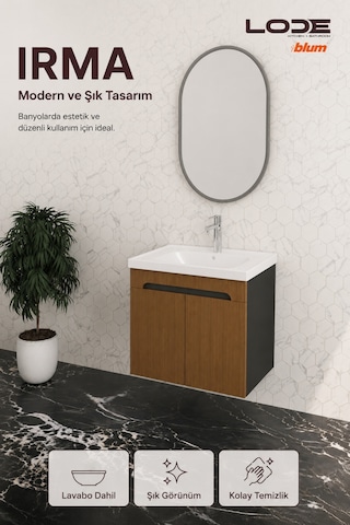 Lode Bath Irma Serisi Lavabolu Alt Banyo Dolabı, Kapaklı Banyo Alt Dolabı,seramik Lavabo Dahil 60 Cm Milolegna