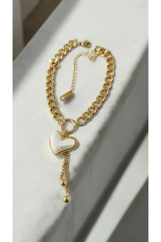 Kadın Çelik Sedef Taşlı Kalp Bileklik Altın Renk Çelik