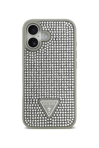Apple Uyumlu iPhone 17 Kılıf Guess Lisanslı Taşlı Arka Yüzey Üçgen Logolu Kapak Gümüş