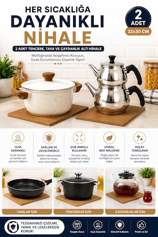 2 Adet Tencere Tava Çaydanlık Altı Nihale 22x30 Cm Mdf Sıcak Altlığı Mutfak Tezgah Koruyucu Açık Kahverengi