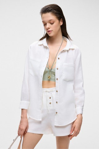 Rea Kadın %100 Pamuk Müslin Kumaş Rahat Kesim Düğmeli Regular Fit Ekru Gömlek