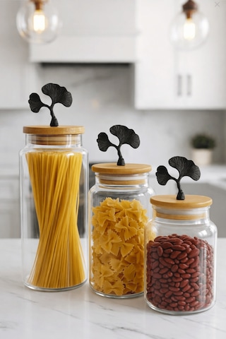 3'lü Bambu Kapaklı Mat Siyah Ginkgo Figürlü Şeffaf Cam Kavanoz Cam Saklama Kabı 635/890/1400ml Çok renkli