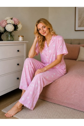 Esra Butik78 Milan Kumaş Yumuşak Dokulu Pudra Pembe Yazlık Kadın Pijama Seti