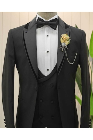 Bys Beystil Şal Yaka Üzerine Sivri Yaka Siyah Damatlık & Smokin Takım 446- Slim Fit