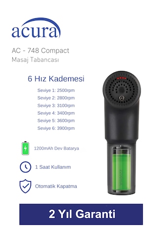Ac-748 Compact 6 Kademeli 4 Başlıklı Masaj Tabancası Siyah
