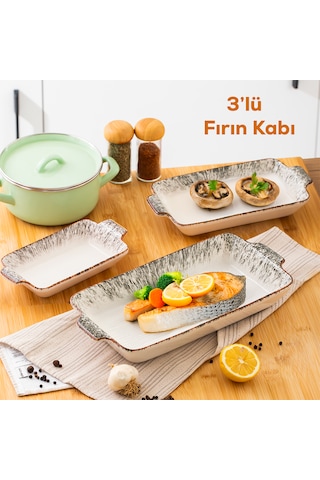 Porsima 083 Dikdörtgen 3'lü Porselen Fırın Kabı Servis Tabağı Siy Siyah