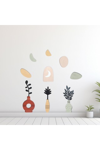 Cajuart 9 Parça Dekoratif Ahşap Sanasal Vazo Çiçek Pastel Renk Duvar Tablo Seti Ahşap Dekor