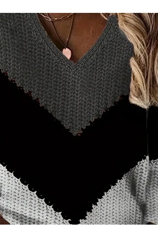 Kadın Uzun Kollu V Yakalı Triko Bluz Antrasit Melanj