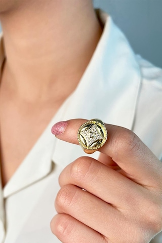 Zirkon Taşlı Yuvarlak Şövalye Yüzük - Gold Çok Renkli