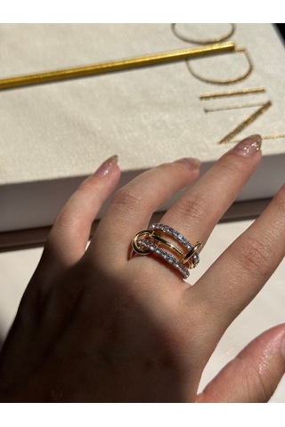 Zirkon Taşlı Üçlü Halka Çelik Yüzük Gold Altın