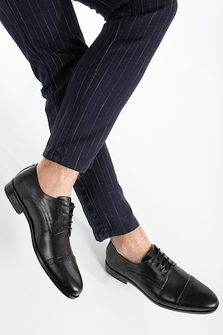 Hakiki Doğal Deri Zımbalı Parçalı Siyah Erkek Klasik Ayakkabı-2858-siyah