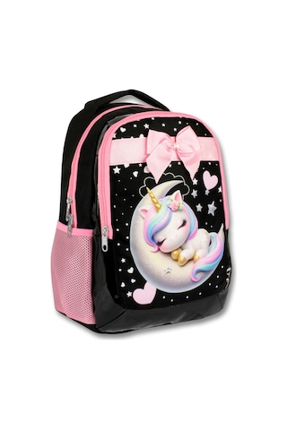 Cennec 5060 Uykucu Unicorn - Siyah Pembe - Kız Çocuk Okul Çantası - Kurdela Detaylı Siyah - Pembe