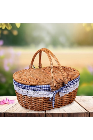 Homyl Piknik Sepeti Kırsal Pratik Hasır Depolama Park Açık Mavi Kareli Çok Renkli