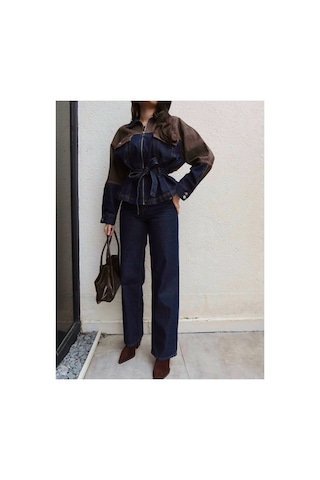 Brtc Design Kadın Kahverengi Çift Renk Denim Kuşaklı İkili Takım