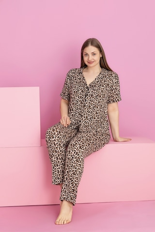 Rindahomewear Büyük Beden Leopar Desen Milan Düğmeli Pijama Takımı Kahverengi