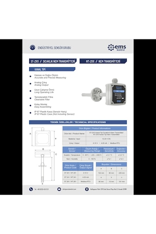 Ems Kontrol - Kanal Tipi Sıcaklık Nem Transmitteri Modbus Rtu / -40 - +80 C