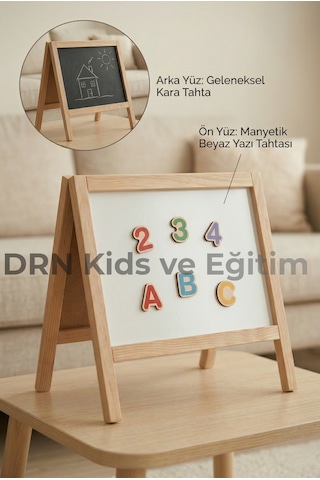 Drn Kids Ve Eğitim Drn Kidsve Eğitim ,manyetik Çift Taraflı Yazı Tahtası 117 Parça Magnet,15 Renkli Tebeşir 1 Adet Silgi Ve Kalem Ahşap