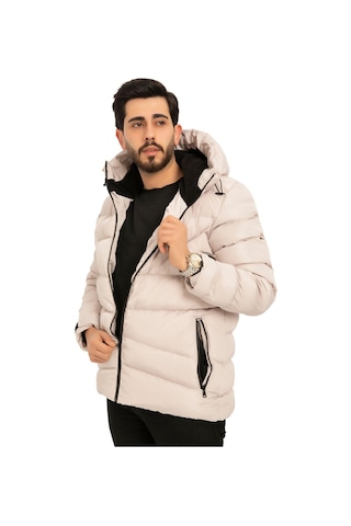 Erkek Kapüşonlu Polarlı Kürklü Su Geçirmez Rüzgara Dayanıklı Şişme Mont Kaban Parka Taş