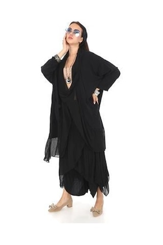 Italyan Büyük Beden Ipek Detaylı Oversize Kaftan & Bluz-9896 Siyah