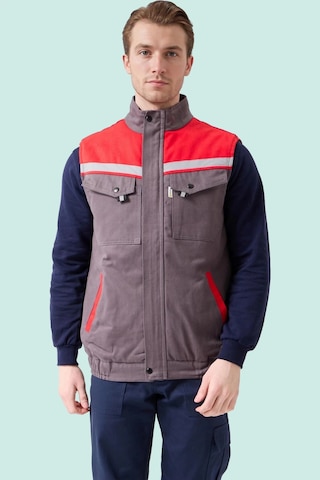 Kışlık İş Yeleği Grikırmızı Gabardin Çok Cepli Royal Sıcak Tutucu Rüzgar Geçirmez Reflektörlü Gri-kırmızı