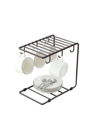 Fosenze Demir Kahve Fincan Holderı - Çift Katlı Mutfak Organizer - Suyu Süzme Özelliğiyle Fincan Depolama Rakusu Kahve Altın Rengi Kahverengi