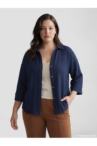Lcw Vision Lacivert Dokulu Oversize Kadın Gömlek