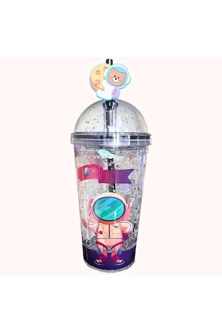 Pipetli Bardak Matara Sevimli Suluk 450 Ml Çift Astronot Figürlü Mor