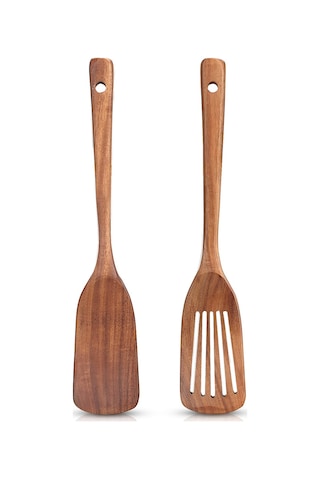 Springsun 2 Parça Akasya Ahşap Mutfak Spatula Seti: Kaymaz Tencere Uyumlu Düz Ve Delikli Spatula, Toksik Madde Free, Gönüllü Kullanim, Ergonomik Kollu