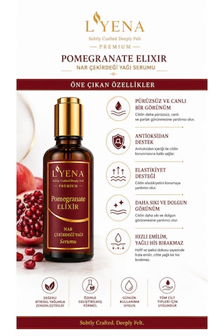 Lyena Premium Pomegranate Elixir Nar Çekirdeği Yağı Cilt Bakım Serumu 50 Ml Hızlı Emilim,ciltte Elastikiyet