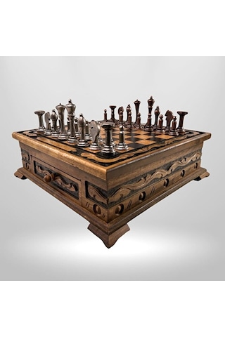 Mc02 Metalicraft Premium Metal Satranç Takımı - Doğal Ahşap Çekmeceli Ceviz Tahta - El Yapımı