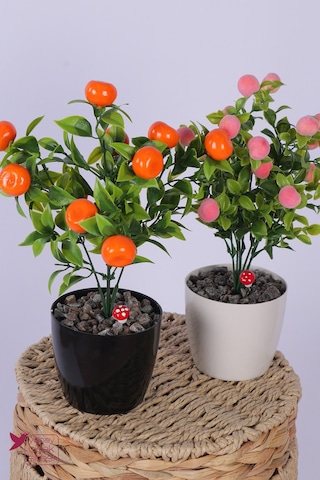 Yapay Çiçek Sitesi Plastik Saksıda Yapay Mini Mandalina & Şeftali Tanzimi 2 Li Set 33 Cm Çok Renkli