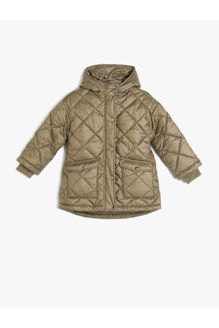 Koton Oversize Şişme Mont Kapşonlu Çıtçıt Detaylı Kapitone Haki 5wkg00028aw Haki