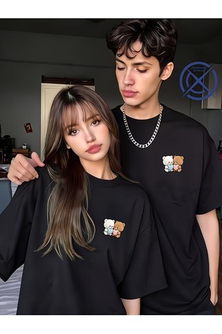 Nevermind Sevgili Kombini Tişört 2 Li Set Ayıcık Baskılı Unisex Çift Tişört Siyah