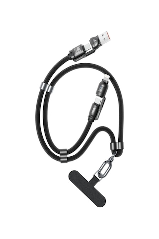 Bix 240w Usb-a Ve Usb-c Ve Lightning Çok Fonksiyonlu Askı İpli Premium Örgü 1.5 Metre Yüksek Hızlı Şarj Ve Veri Kablosu Siyah