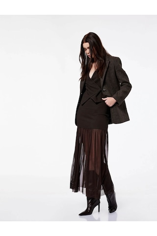 Koton Slim Fit Tül Detaylı Kahverengi Kadın Etek 6wak10307ek Kahverengi