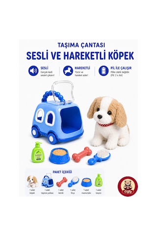 Oyuncak Köpek Taşıma Çantalı Sesli Hareketli Pilli, Emekleme Oyuncağı Aksesuarlı Çocuklar İçin Eğitici Hayvan Sevgisi Mavi