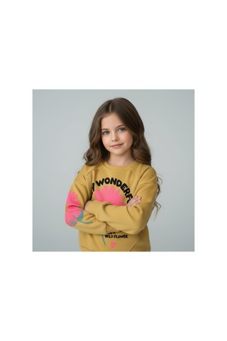 Fesshera Kids Kız Çocuk Sweatshirt Pamuklu Kışlık Kalın Baskılı Sweatshirt-uzun Kollu Rahat Kesim Bisiklet Yaka Sarı