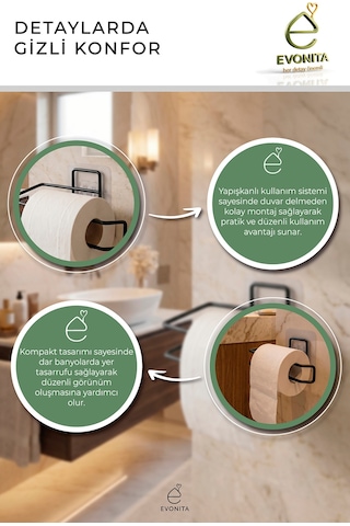 Yapışkanlı Tuvalet Kağıtlığı Minimal Mat Siyah Metal Kağıtlık Delmeden Montaj Banyo Askı